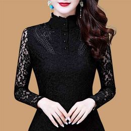 Women Spring Autumn Style Slim Lace Blouses Shirts Lady Casual Long Sleeve Turtleneck Flower Printed Lace Blusas Tops DD8199 210323