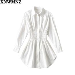 Fashion Retro Turn-down Collar High Waist Ladies Dress Summer Vestidos Puff Sleeve White Shirt mini Women dress 210520