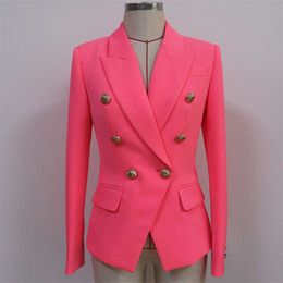 HIGH QUANLITY Classic Designer Blazer Women's Slim Fitting Metal Lion Buttons Double Breasted Jacket Orange Pink 210930