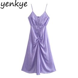 Purple Floral Print Sexy Sling Midi Dress Women Sleeveless V Neck Sundress Vestido Mujer Summer Party Dresses 210514