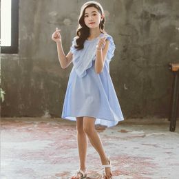 Patchwork Summer Kids Dresses For Girls 2020 New Children Clothing Teenager Princess Dress Blue Striped Sleeveless Girl Dress Q0716