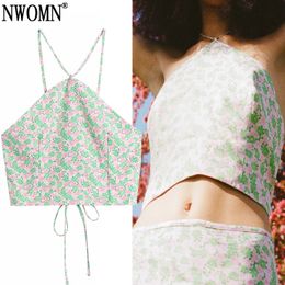 NWOMN Za Summer Green Floral Crop Woman Fashion Halter Women's Tank Sexy Backless Strappy Camisole Sleeveless Cute Tops