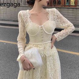 Ezgaga Elegant Dress Women Lace Patchwork Vintage Long Sleeve Square Collar Backless High Waist Temperament Party Dress Vestidos 210430