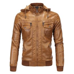 MenMen Leather & Suede Hooded Motorcycle Leather Jacket Fashion Male Autumn And Winter Velvet warm Jackets Large Size 3XLMens