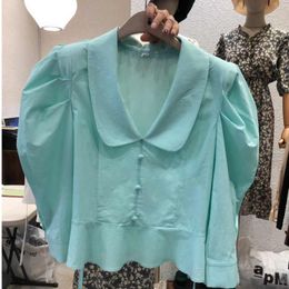 Women White Casual Vacation Daliy elegant Blouse Lapel Long Puff Sleeve Loose Shirt Fashion Summer 16W887 210510