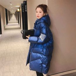 Winter Women Midi-Length Coat Thicken Warm Solid Colour Hooded Parkas Cotton-Padded Jacket Glossy Fashion Casual Female Outerwear 211216