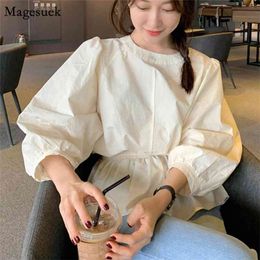 Shirt Women O-Neck Long Sleeve Sweet Tops And Blouses Solid Ruffle Casual Blouse Chemisier Femme 10102 210512