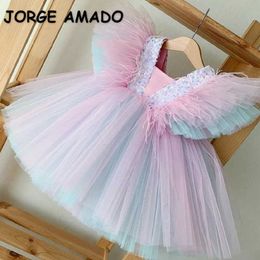 Summer Teenagers Girls Party Dress Patchwork Rainbow Mesh Princess Dresses for Wedding Piano Perform Birthday E2477 210610