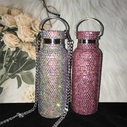 Thermos Bottle with Chain Crossbody Water Stainless Steel Diamond Sparkling Vacuum Flask Insulated Tumbler Cup 211109