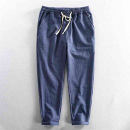 Wuji Men Spring Fashion Elastic Waist Striped Simple Casual Japan Style Ankle Length Cotton Pants Tapered Classical Trousers 210715