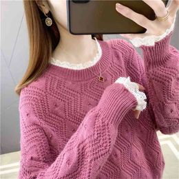 spring and autumn sweater women Korean lace round neck loose fashion knitted bottoming shirt Western style 210427