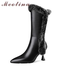 Meotina Women Mid Calf Boots Shoes Real Leather High Heel Zip Fashion Boots Pointed Toe Stiletto Heels Rabbit Fur Lady Boots 42 210520