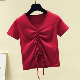 Cotton Lace Up Sexy V-Neck Basic Fold T shirt Summer Short Sleeve TShirt Crop Tops Tee Shirt Femme Women Clothes Purple 210507