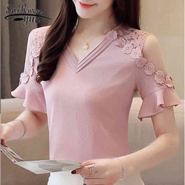 Casual Women Chiffon Shirt Korean Fashion Short Sleeve Lace Tops Elegant Mesh Stitching Blouse 4789 50 210521