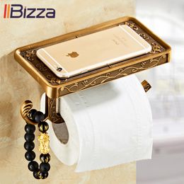 Antique Vintage Bronze Carving Bathroom With Phone Shelf Towel Roll Tissue Aluminium Rack Toilet Paper Holder Creative Wall Boxes 210320