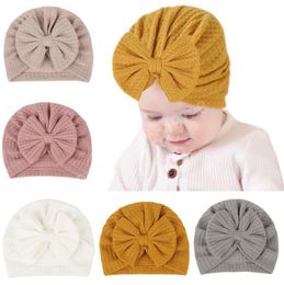 5 Colors Fashion Baby Beanie Cap With Bow Knot Hair accessories Solid Color Newborn Hat 17x16cm