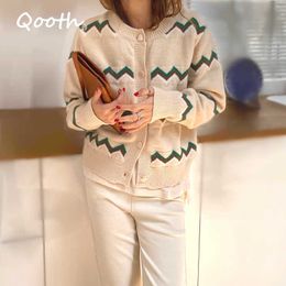 Qooth Loose Jumper Women Crochet Top Knitwear Stripe Long Sleeve Cardigan Ins Sweaters QT350 210609