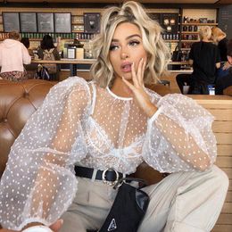 Puff Sleeve Mesh Polka Dot Shirt Women See-through Blouses Sheer Long Blouse O Neck Shirts Black White Female Tops Women's