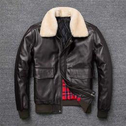 Air Force Flight Jacket Fur Collar Genuine Top Layer Cow Leather Jacket Men Black And Brown Cow Coat Winter Bomber Jacket 211111