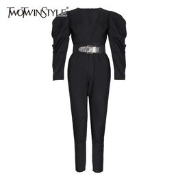 Casual Women's Jumpsuits V Neck Puff Long Sleeve High Waist With Sashes Pencil Pants Ruched Jumpsuit For Female 210521