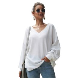 Women sweater Long-Sleeve white Knitwear new Winter and autum V-neck Sexy Top Comfortable Loose Clothes 210322