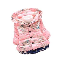 Winter Baby Girls Jacket Kids Warm Cotton Outwear Coats Children Floral Print Hooded Jackets For Clothes 211204