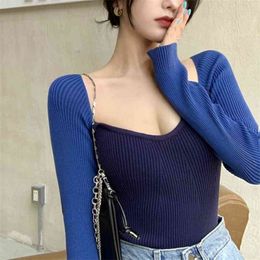 High Quality Korean INS Autumn Winter Women Long Sleeve Square Neckline Knitted Pull Sexy Sweater Top Femme Pullover Jumper 210514