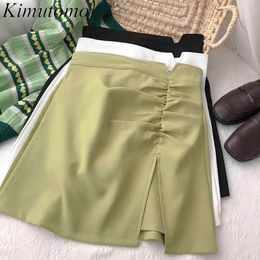 Kimutomo Solid Colour Split Skirts Women Summer Korean All Matching Clothes Female High Waist Folds A-line Mini Skirt Casual 210521