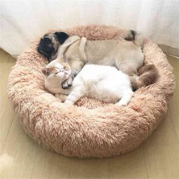 Super Soft Pet Bed Winter Warm Sleeping Bed for dogs Kennel Dog Round Cat Long Plush Puppy Cushion Mat Portable Cat Supplies 210915