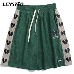 LENSTID Summer Men Corduroy Shorts Hip Hop Side Broken Heart Patchwork Harajuku Streetwear Casual Baggy Short Pant Male Trousers 210716