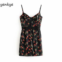 Rose Floral Print Spaghetti Strap Sexy Dress Women V Neck Sleeveless A-line Mini Vintage Black Summer Club Party vestido 210514