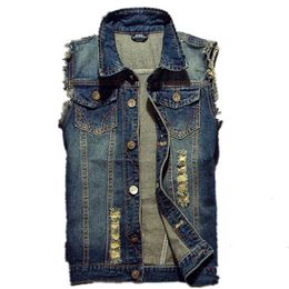 Ripped Jean Jacket Men's Denim Vest Hip Hop Jean Coats Waistcoat Men Cowboy Brand Sleeveless Jacket Male Tank Plus Size 6XL 211105