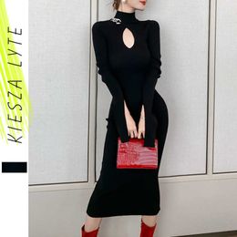 Spring Summer Women Dresses Sexy Hollow Out Slit Slim Knit Buttocks Black Midi Party Dress Runway Designer 210608
