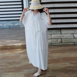 Johnature Summer Cotton Linen Solid Colour V-neck Half Sleeve Jacquard Dresses Loose Comfortable Women Fashion Dress 210521
