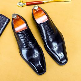 Lacing Comfortable Leather Formal Shoe Men Wedding Business Brogue Oxford Shoe Genuine Leather Black Square Head Mens Dress Shoe