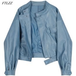 Spring Women Blue Faux Leather Jacket Ladies Moto Biker Streetwear Pockets Loose Short Fashion Pu Overcoat 210430
