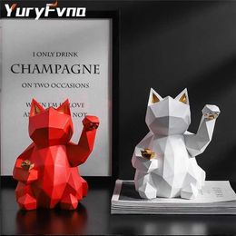 YuryFvna Geometric Animal Statue Lucky Cat Collectible Figurine Feng Shui Successful Career Luck and Fortune Charm Good Health 211108
