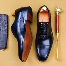 Lacing Italian Mens Formal Shoes Genuine Leather Wedding Business Oxford Party Brogue Shoes Black Coffee Square Head Dress Shoe