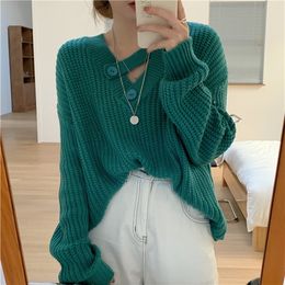 Ezgaga V-Neck Sweater Pullover Women Loose Outwear Long Sleeve Button Hollow Out Knit Tops Casual Solid Chic Female Elegant 210430