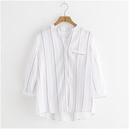 Women White Blue Red Striped Mandarin Collar Button 3/4 Three Quarter Sleeve Shirt Blouse B0068 210514