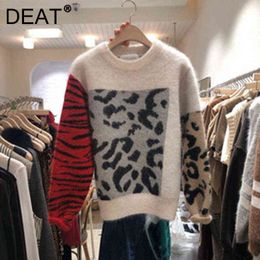 DEAT Women Sweater Knit Leopard Print Round Collar Full Sleeve Casual Style Loose Pullover Tops 2021 Autumn Fashion 15AK437 Y1110