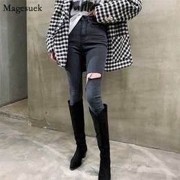 Washed Gray Single Leg Cut Slimming Burr Feet Jeans for Women Korean Style Pants High Waist 10414 210518