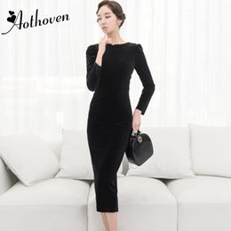 Casual Dresses Spring Velvet Both Side Wear Black Purple Full Sleeve Women Dress Office Ladies Sexy Party Bodycon Bandage Pencil