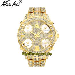 MISSFOX eternity V305 Hip hop Fashion Mens Watches 51MM CZ Diamond inlay Multi Dial Quartz Movement Men Watch Iced Out Diamonds Bezel Alloy Case Gold Bracelet