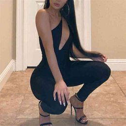 OMSJ Arrival Spaghetti Strap Black Skinny Women Sexy Sports Jumpsuit Summer Irregular Off-shoulder Trendy Rompers 210517