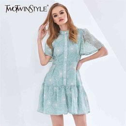 Elegant Hit Color Dress For Women Perspective Puff Sleeve High Waist Print Dresses Female Fashion Clothing 210520