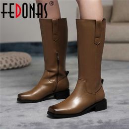 Side Zipper Winter Boots With Heels Fashion est Genuine Leather Knee High Square Toe Working Women 210528