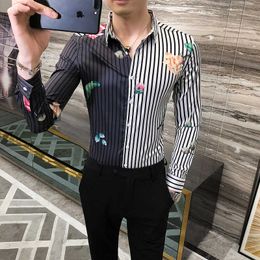 Men Striped Shirt Fashion Autumn Floral Shirts Korean Slim Fit Casual Shirt Long Sleeve Social Party Tuxedo Blouse Chemise Homme 210527