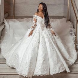 Luxurious Vestidos De Novia 202 A Line Wedding Gowns Off Shoulder 3D Flower Ruched Lace Appliques Plus Size Church Train Bridal Party Dresses For Arabic Women