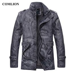 Leather Jacket Men Fashion Style Stand Collar Waist Belt Washed Long PU Leather Coats Trench Male Motorcycle Windbreaker D12 211009